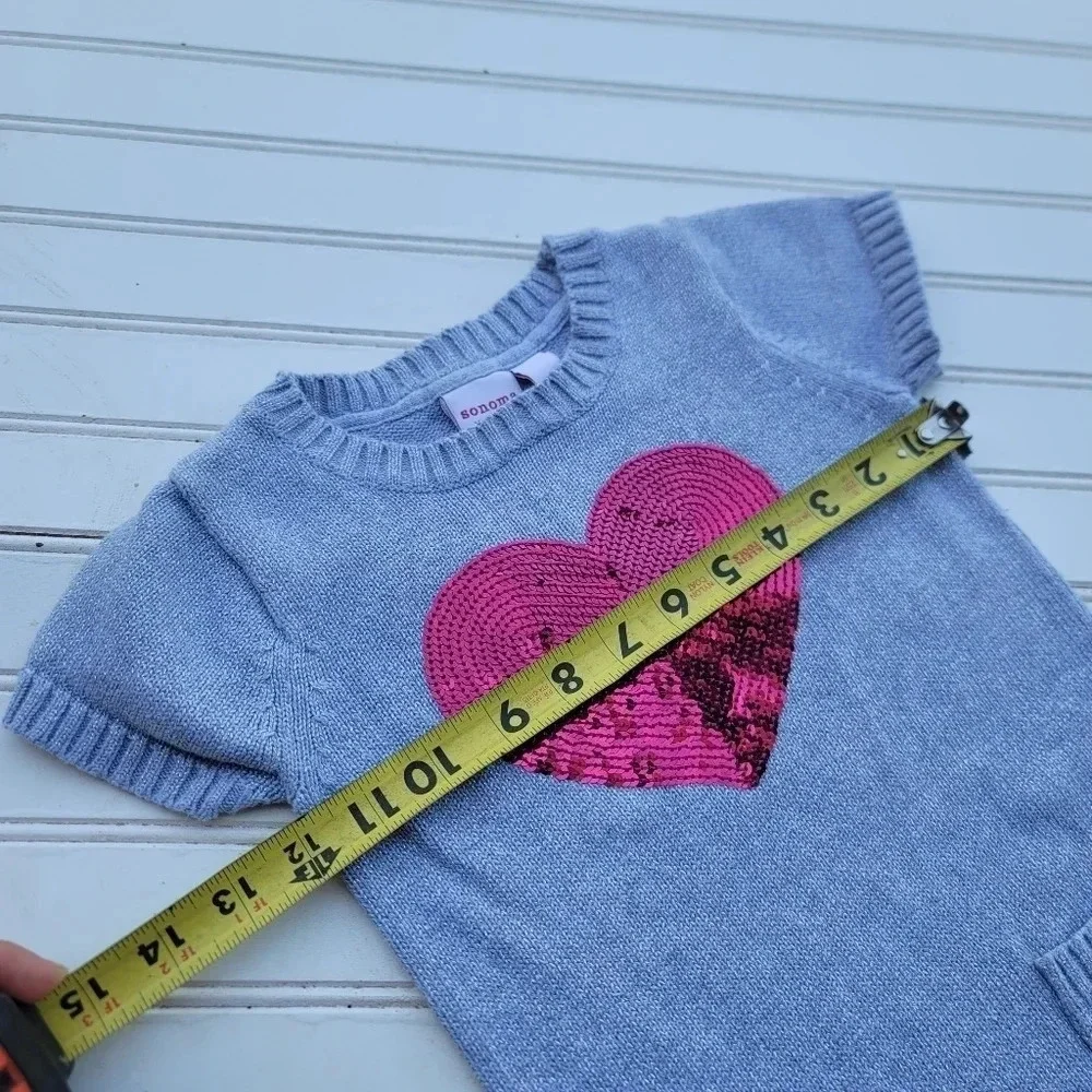 Sonoma Girl's Silver Gray Pink Short Sleeve Sweater Dress Heart Sequin Pockets 5
